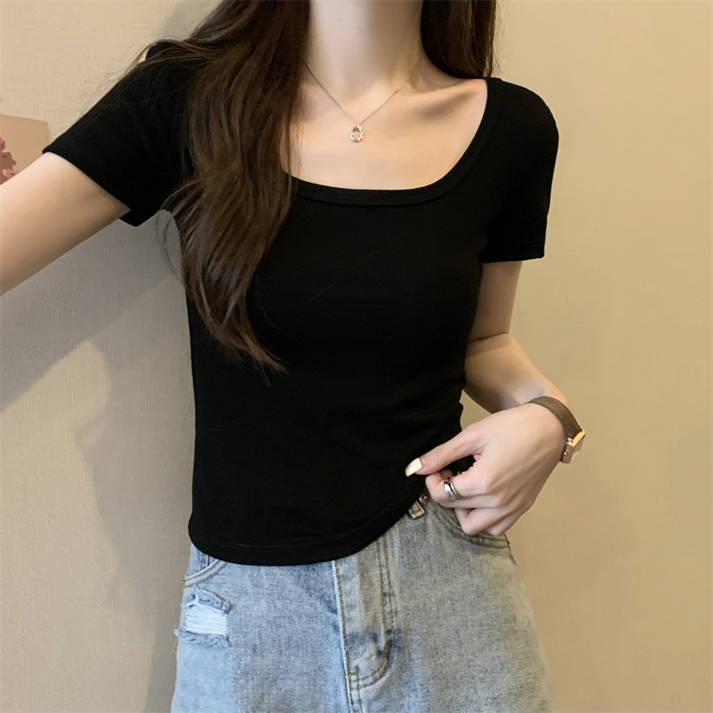 Simple summer pure tops U-neck slim T-shirt