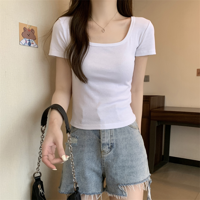 Simple summer pure tops U-neck slim T-shirt