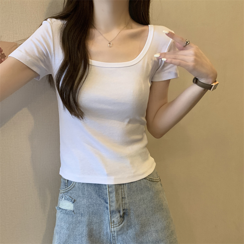 Simple summer pure tops U-neck slim T-shirt