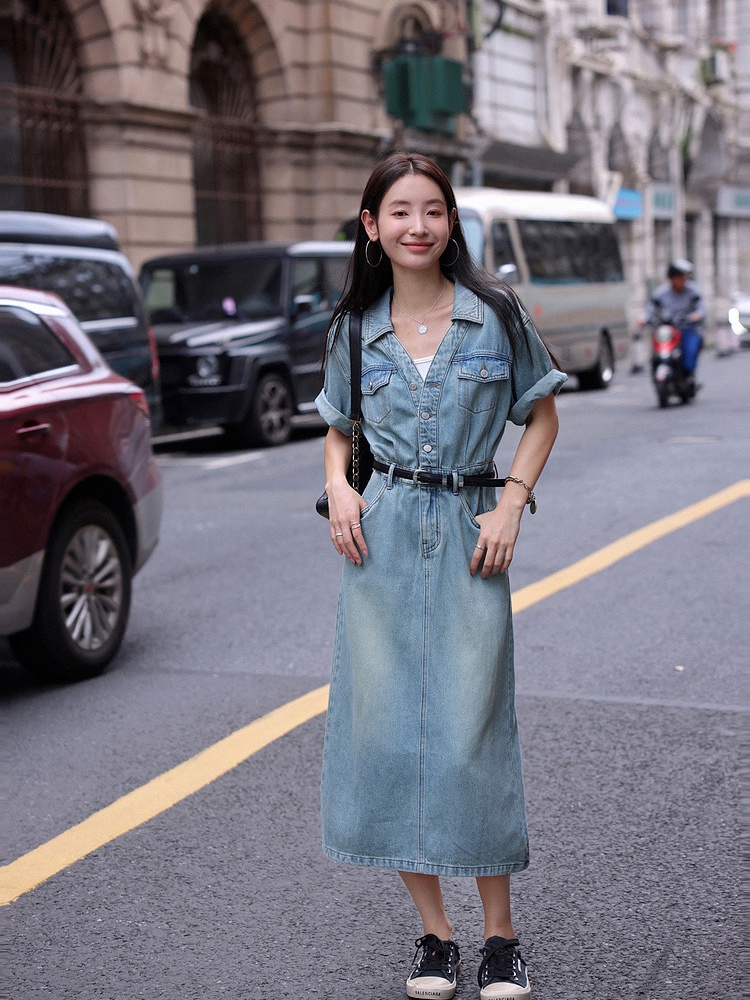 Lapel high waist slim long dress retro denim dress for women