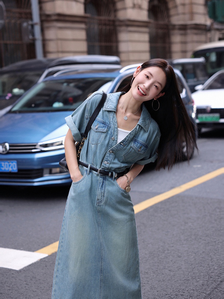 Lapel high waist slim long dress retro denim dress for women