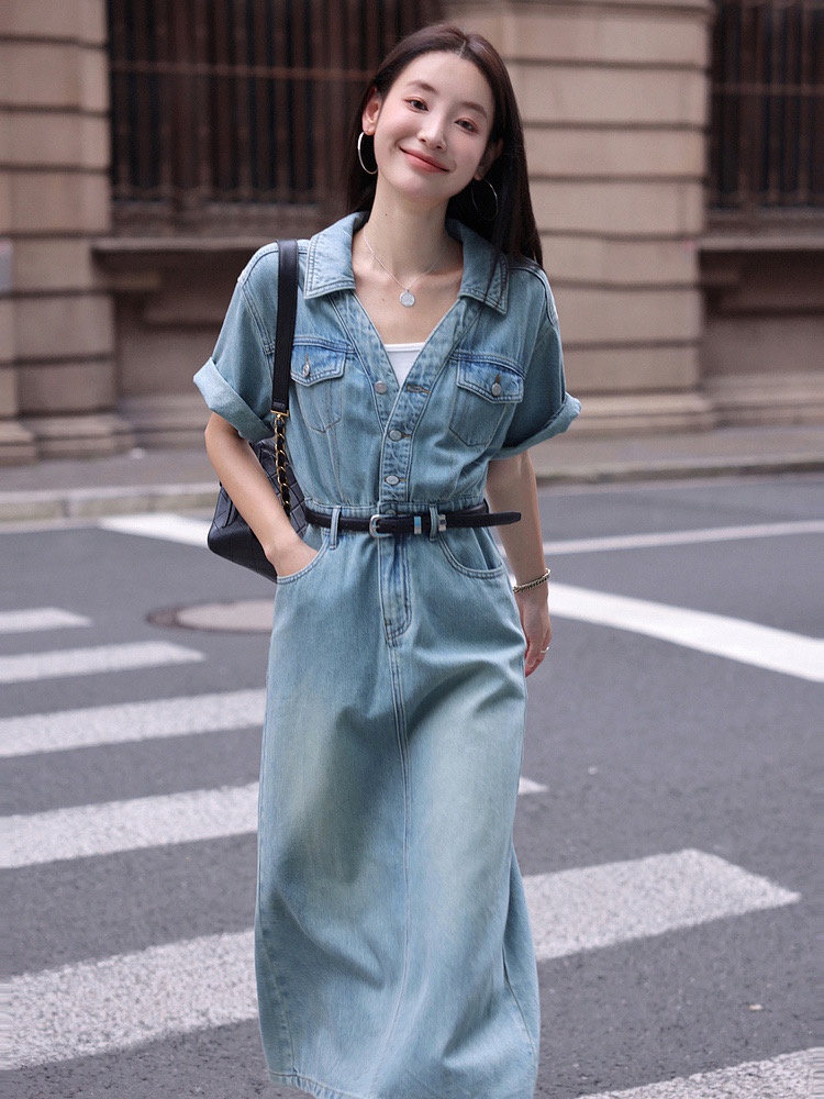 Lapel high waist slim long dress retro denim dress for women