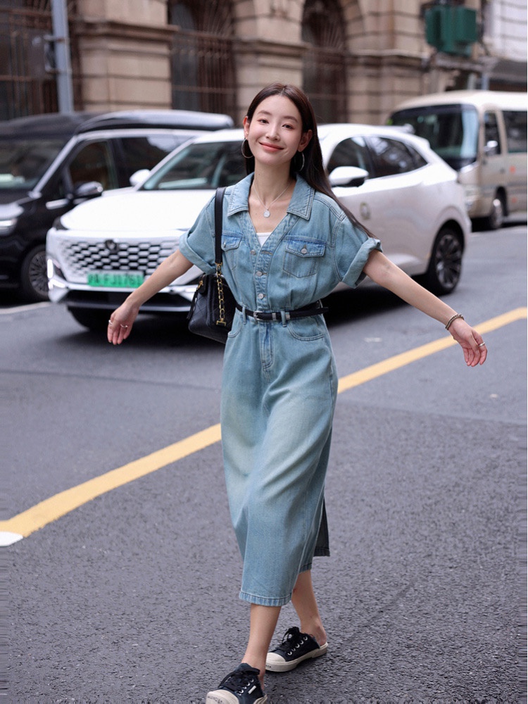 Lapel high waist slim long dress retro denim dress for women