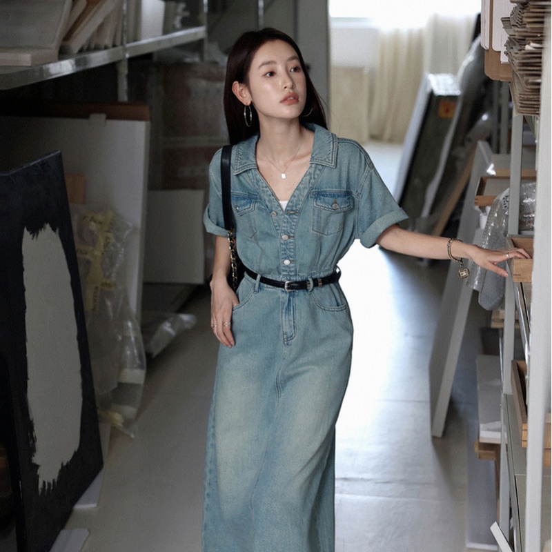 Lapel high waist slim long dress retro denim dress for women