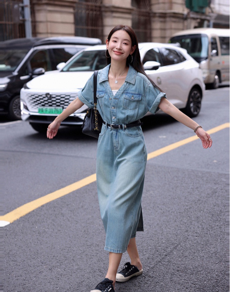 Lapel high waist slim long dress retro denim dress for women