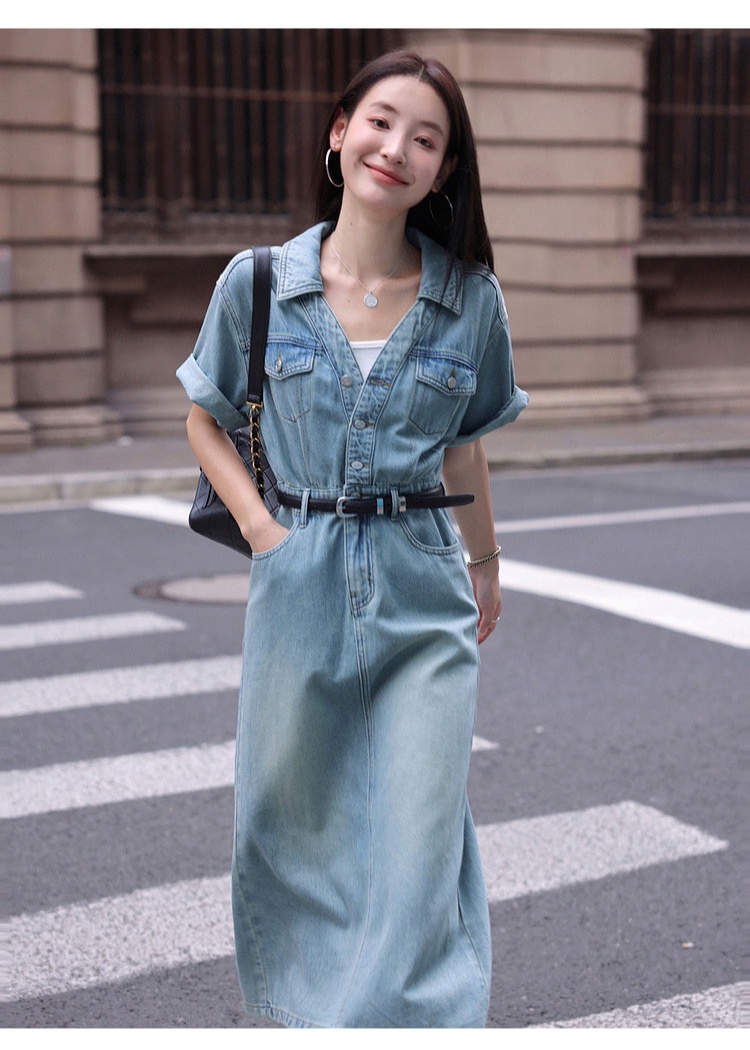 Lapel high waist slim long dress retro denim dress for women