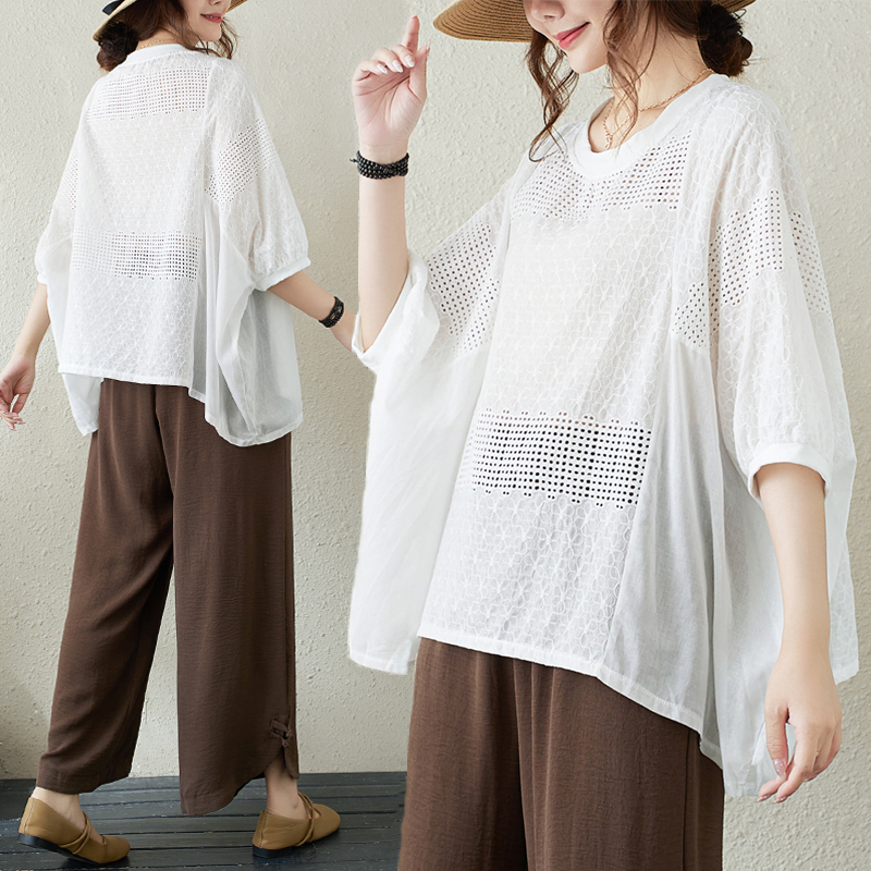 Embroidered slim shirt simple hollow tops