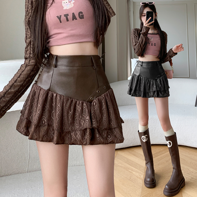 Cake splice A-line leather irregular spicegirl lace skirt