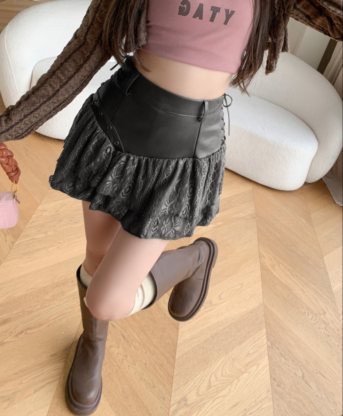 Cake splice A-line leather irregular spicegirl lace skirt