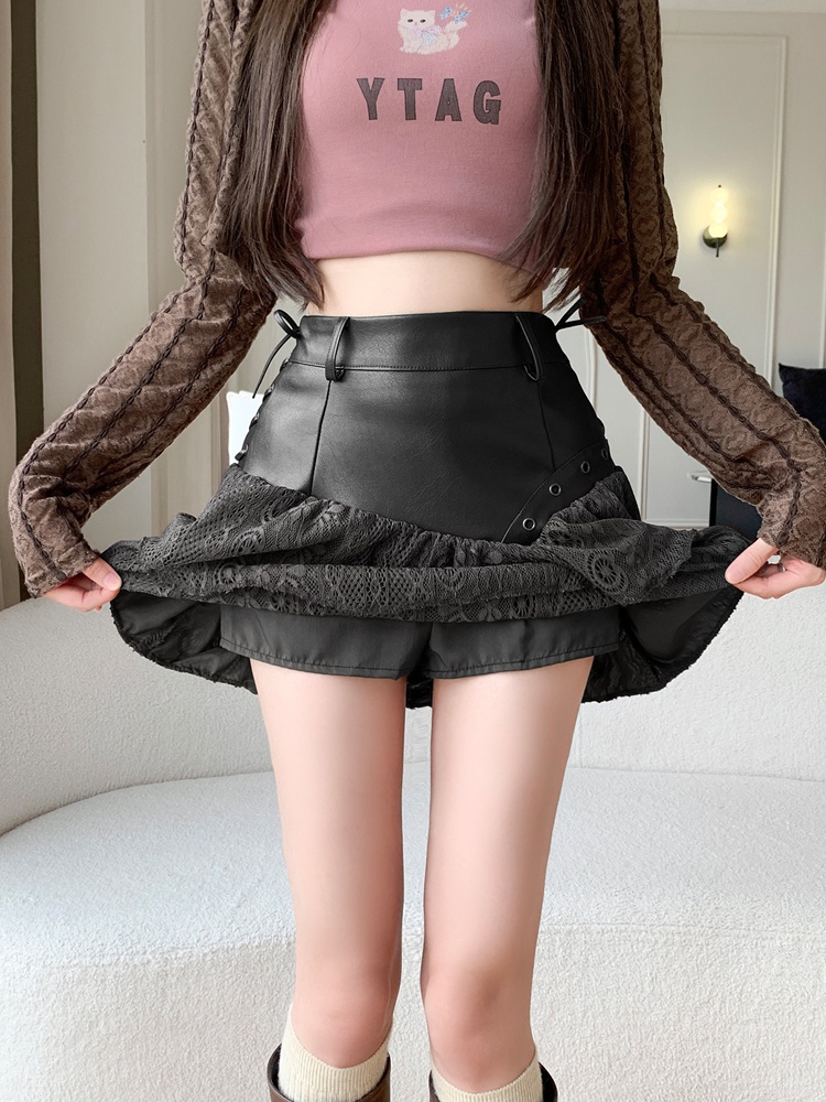 Cake splice A-line leather irregular spicegirl lace skirt