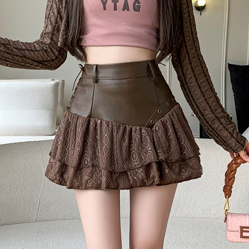 Cake splice A-line leather irregular spicegirl lace skirt