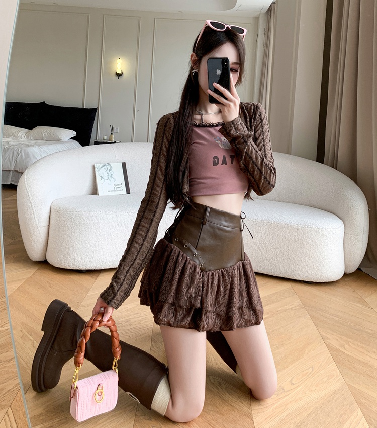 Cake splice A-line leather irregular spicegirl lace skirt