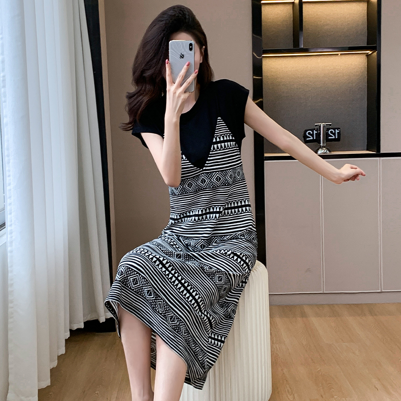 Large yard Pseudo-two long dress summer sling T-shirt