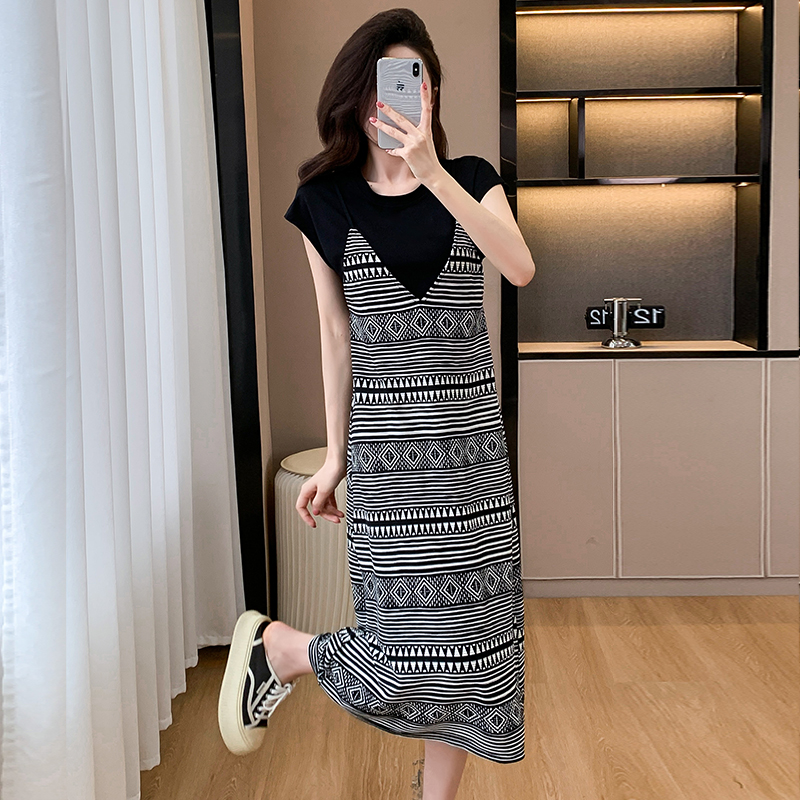 Large yard Pseudo-two long dress summer sling T-shirt