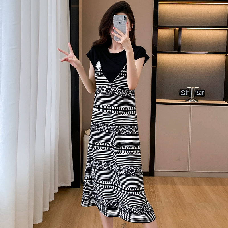 Large yard Pseudo-two long dress summer sling T-shirt