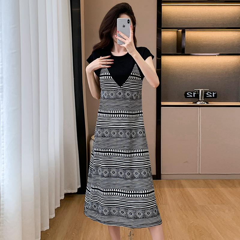 Large yard Pseudo-two long dress summer sling T-shirt