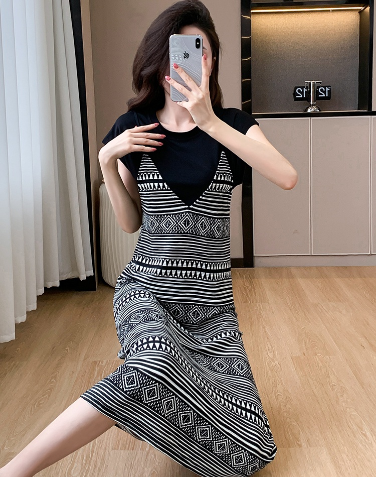 Large yard Pseudo-two long dress summer sling T-shirt