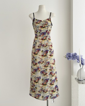 Retro sling dress floral long dress for women