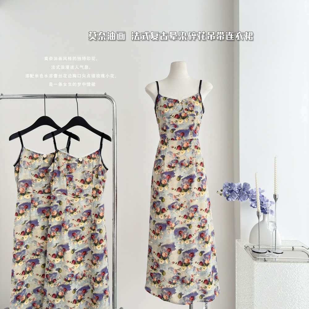 Retro sling dress floral long dress for women