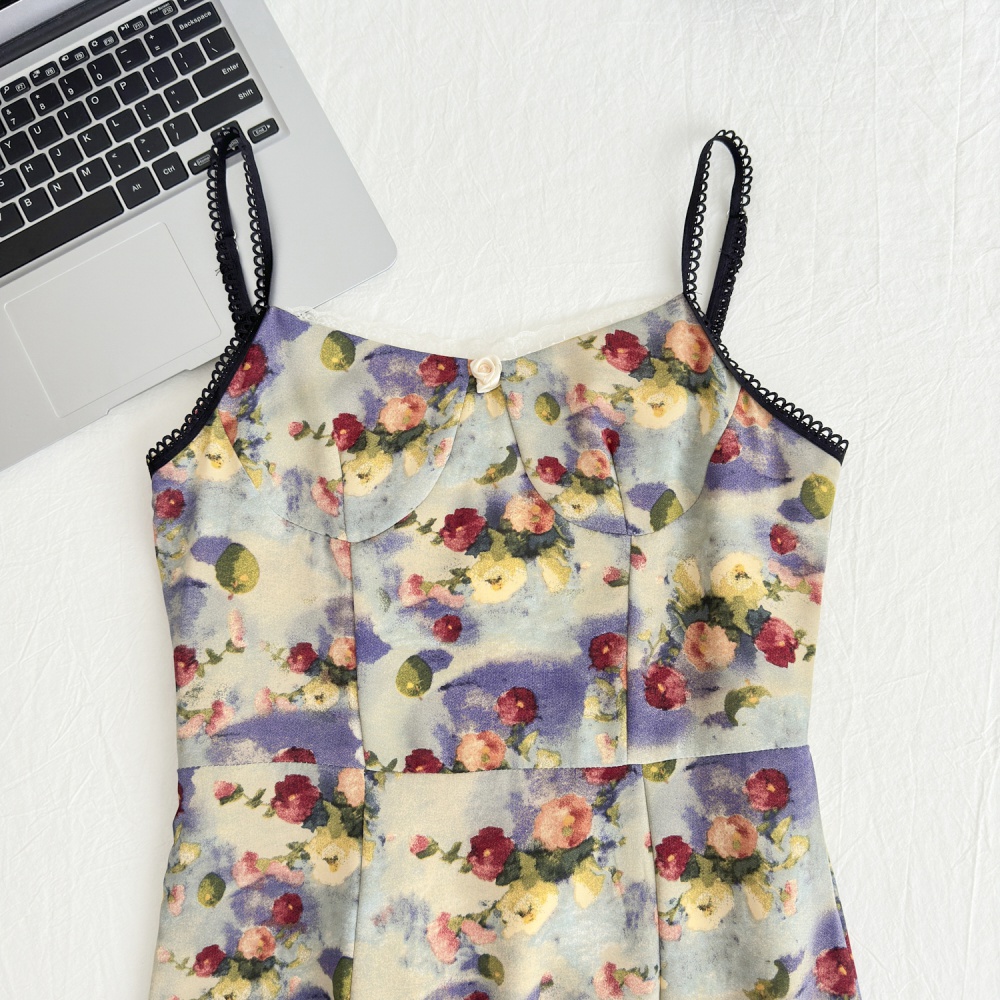 Retro sling dress floral long dress for women