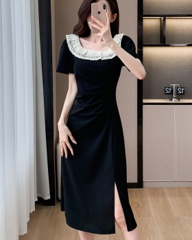 Pinched waist lace long dress slim square collar dress