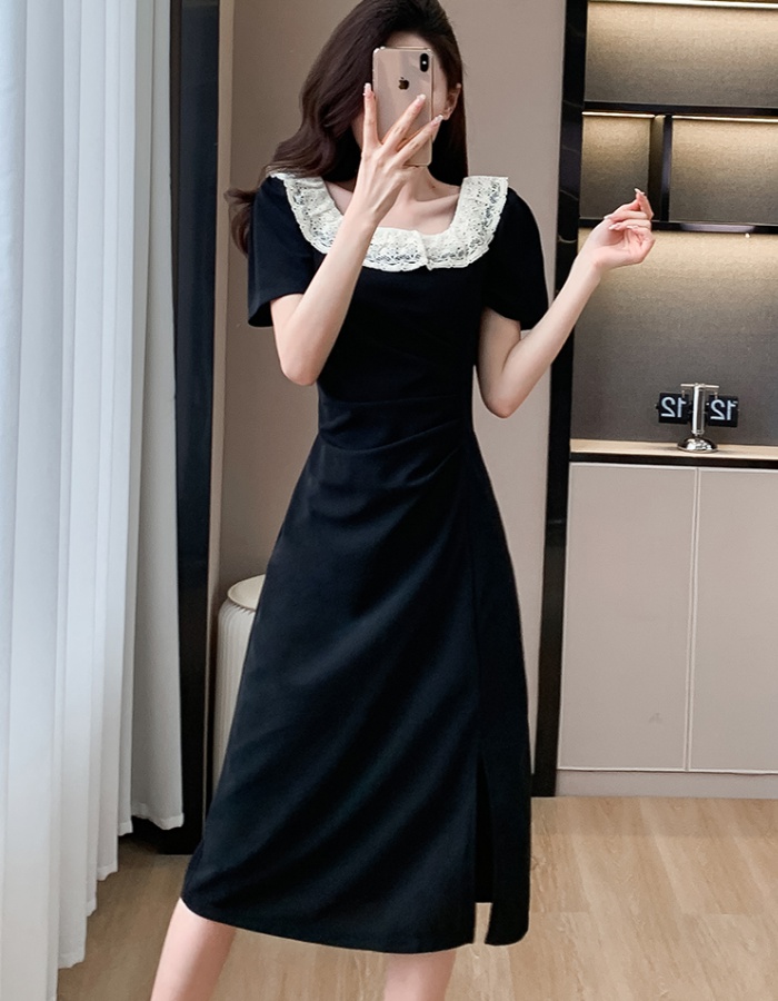 Pinched waist lace long dress slim square collar dress