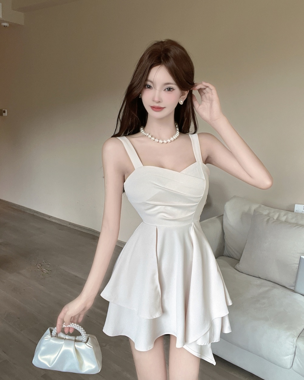 Slim irregular T-back pinched waist summer strap dress