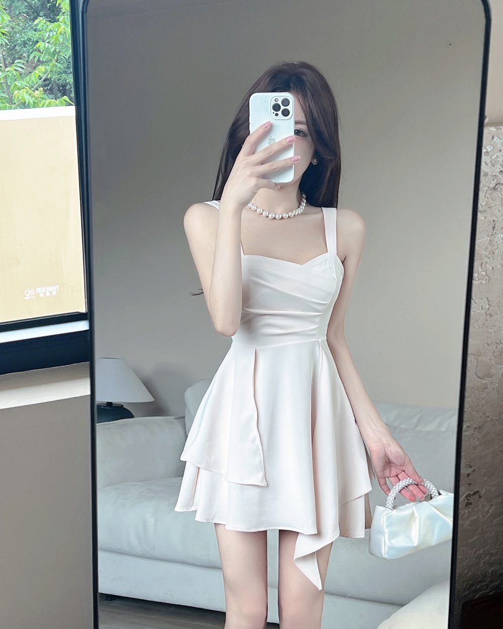 Slim irregular T-back pinched waist summer strap dress