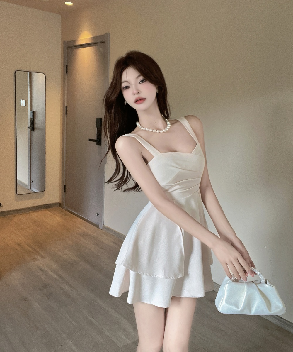 Slim irregular T-back pinched waist summer strap dress