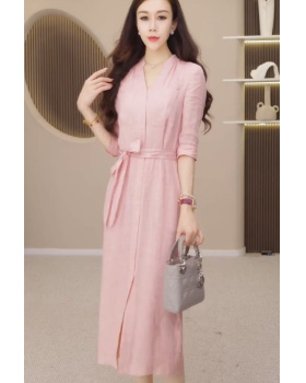 Ladies V-neck short sleeve dress pullover pure long dress