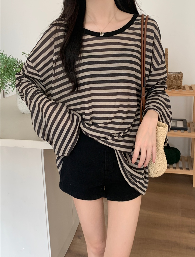 Stripe lazy long sleeve T-shirt loose summer speaker tops