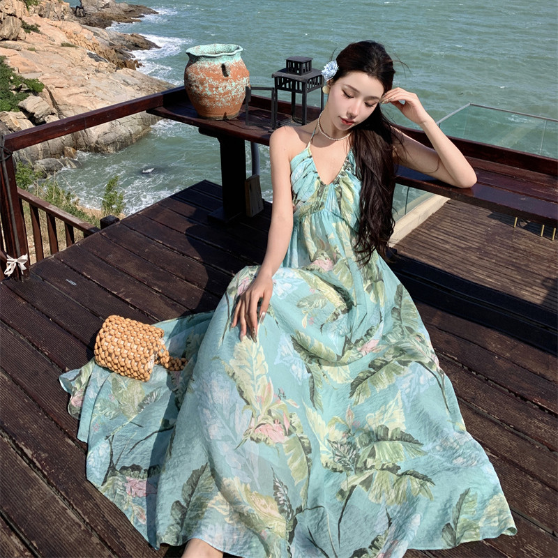 Sling floral jumpsuit spring and summer vacation long dress