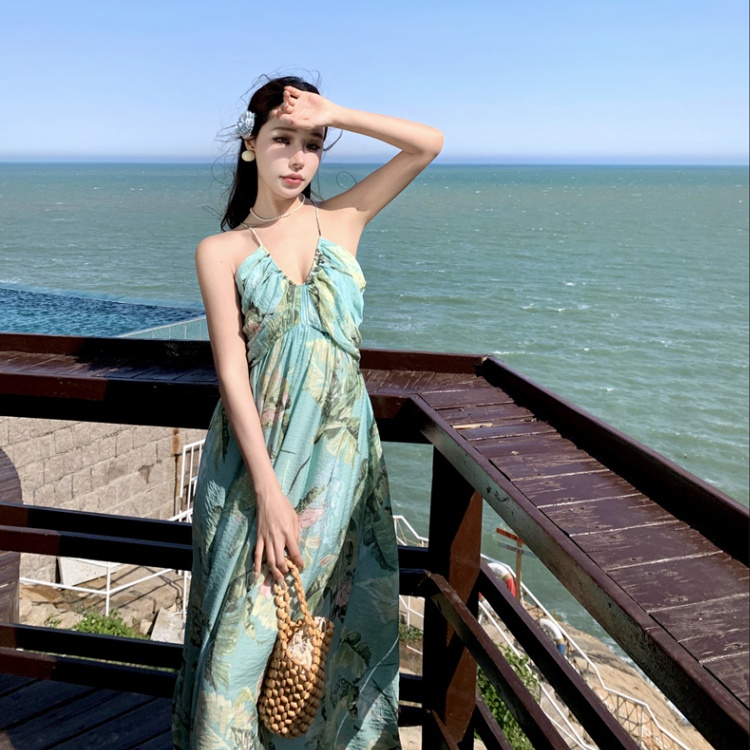 Sling floral jumpsuit spring and summer vacation long dress