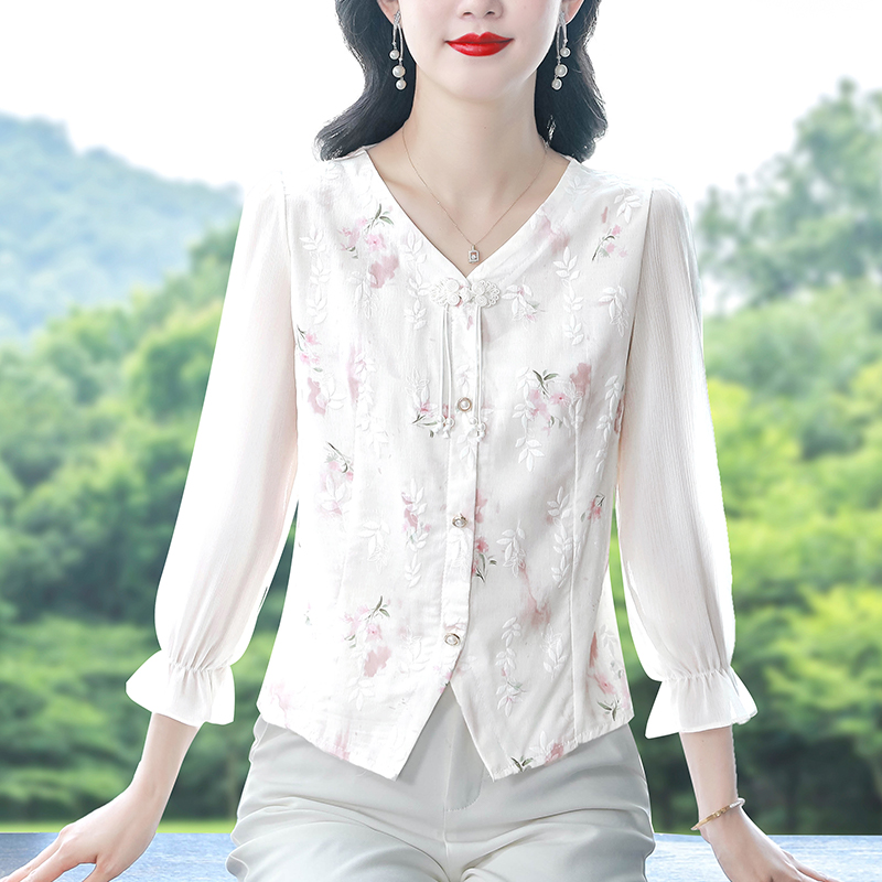 Short Chinese style small shirt short sleeve floral tops for women