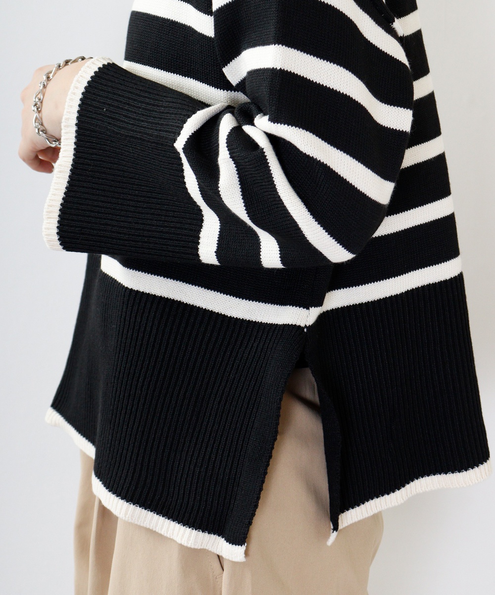 Thick stripe tops half high collar sweater