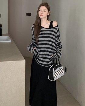 Sling Casual stripe vest fashion Korean style dress a set