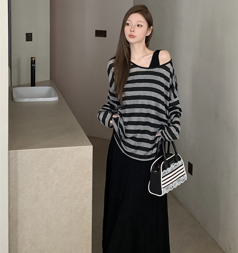 Sling Casual stripe vest fashion Korean style dress a set