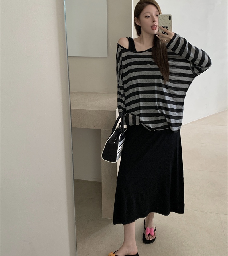 Sling Casual stripe vest fashion Korean style dress a set