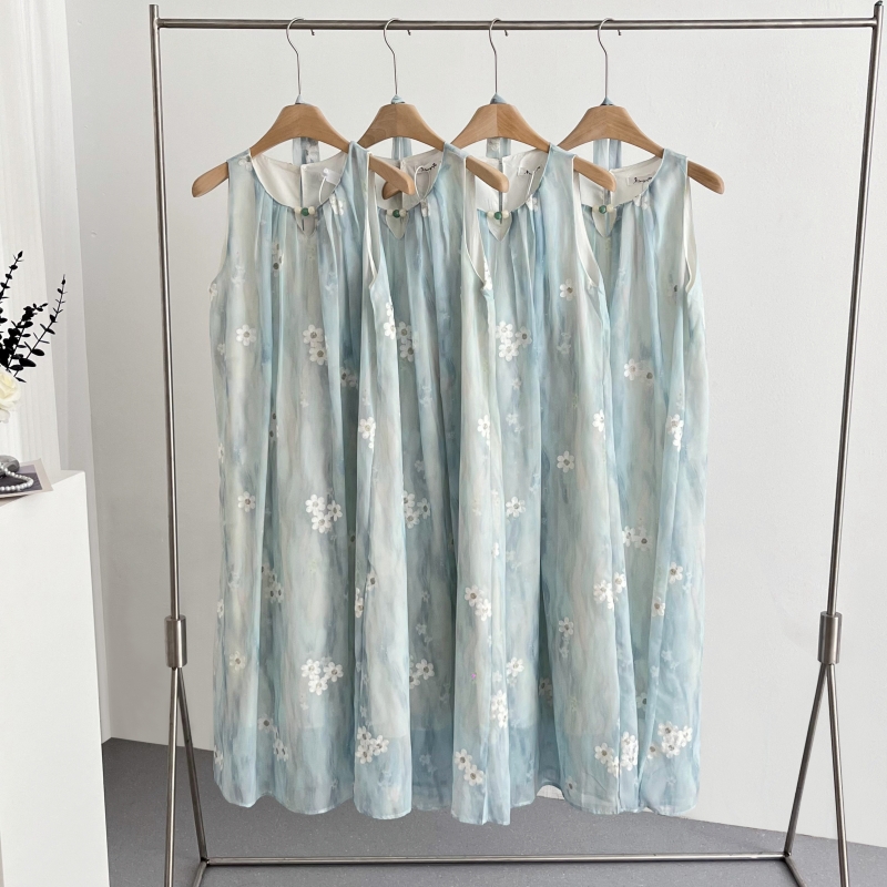 Summer floral dress blue temperament long dress for women