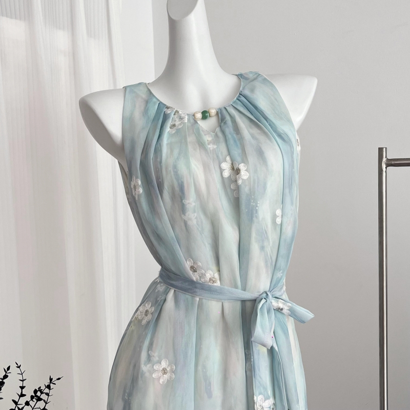 Summer floral dress blue temperament long dress for women