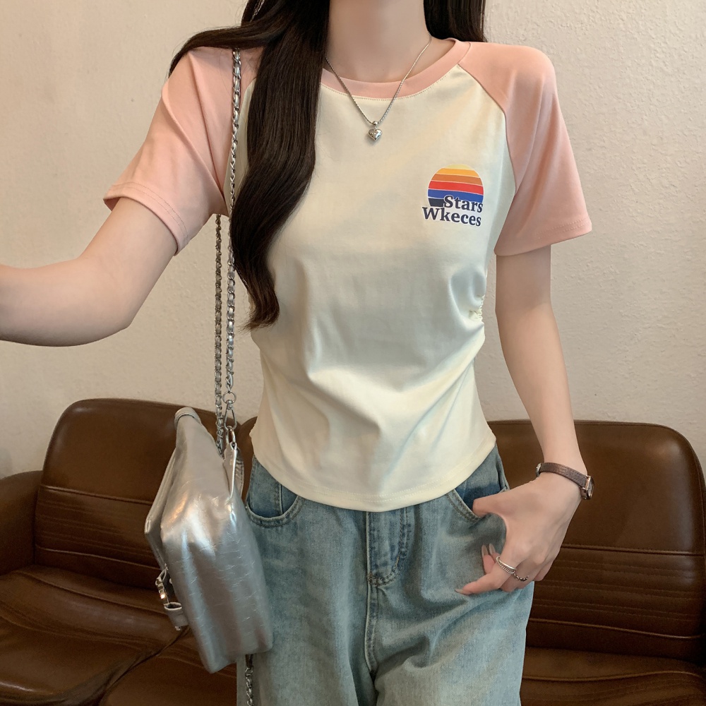 Short screw thread tops round neck slim T-shirt for women