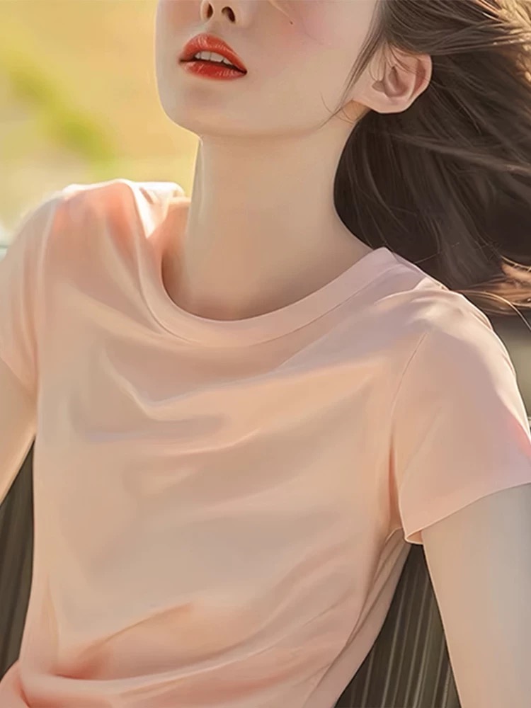 Round neck unique tops summer pink T-shirt