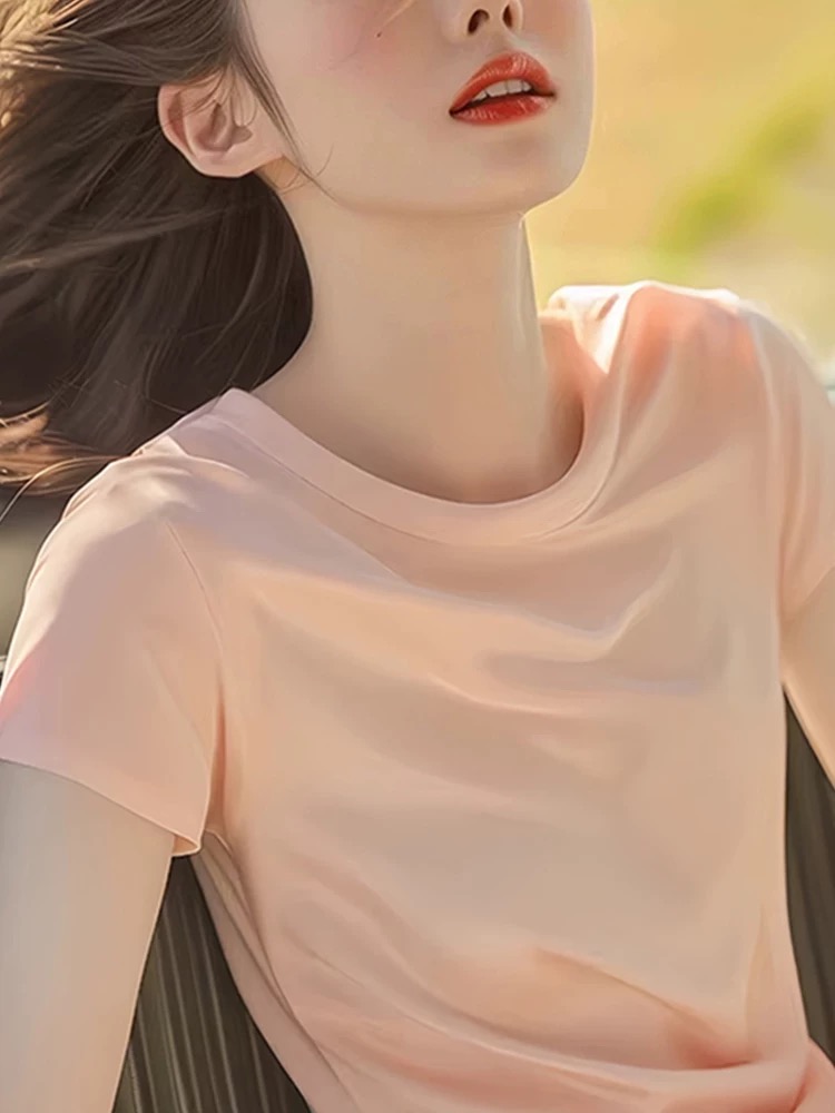 Round neck unique tops summer pink T-shirt