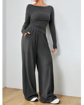 Horizontal collar tops high waist wide leg pants a set