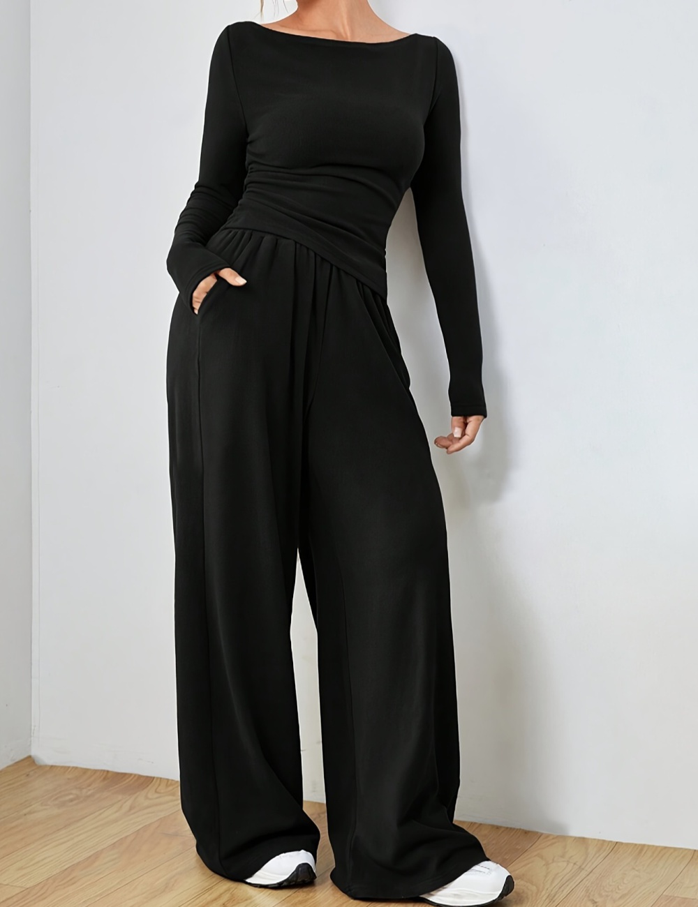 Horizontal collar tops high waist wide leg pants a set