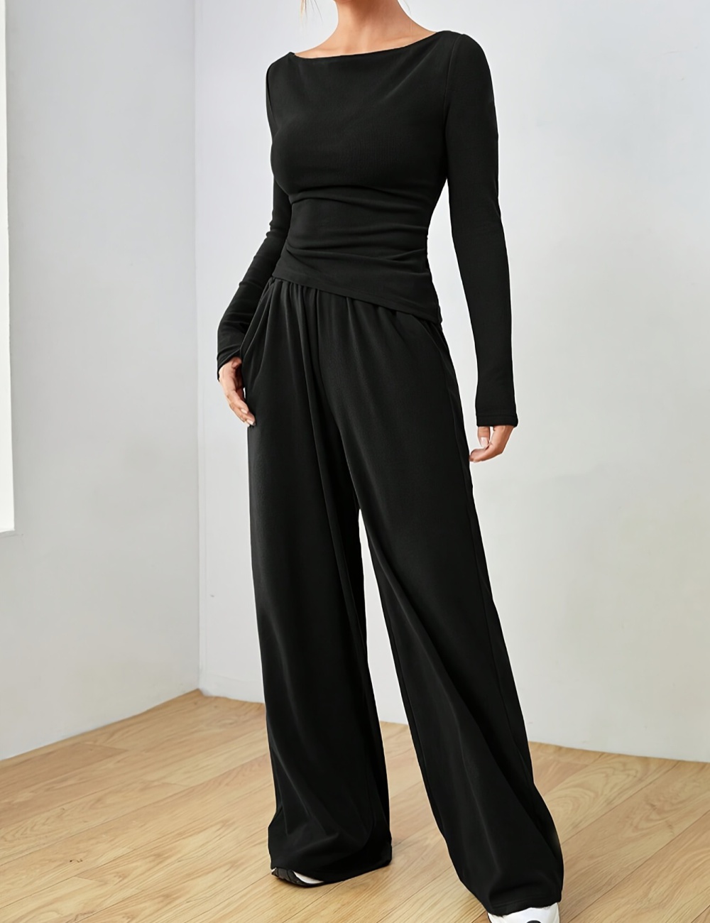 Horizontal collar tops high waist wide leg pants a set