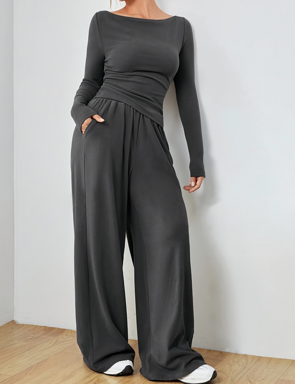 Horizontal collar tops high waist wide leg pants a set