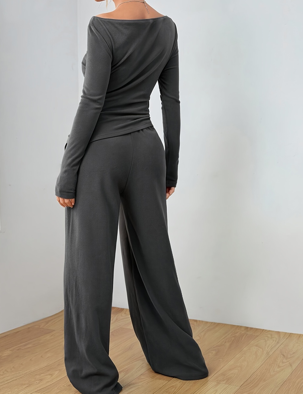 Horizontal collar tops high waist wide leg pants a set