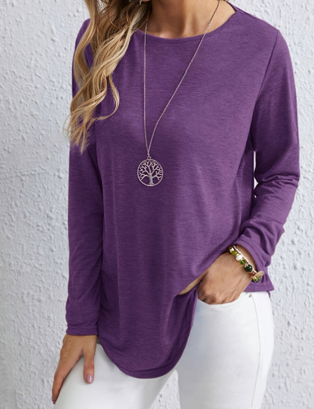 Back buckle decoration pure simple long sleeve T-shirt