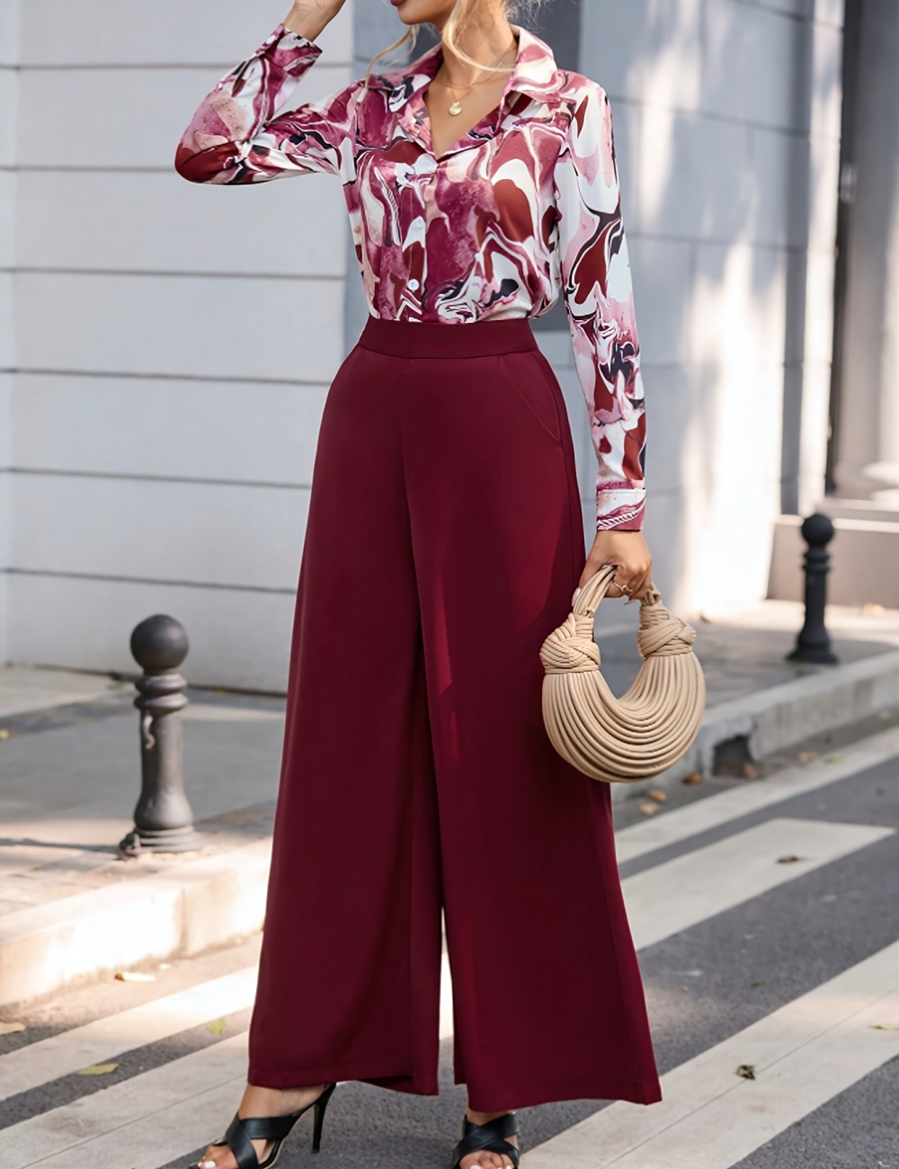 Temperament shirt high waist wide leg pants a set